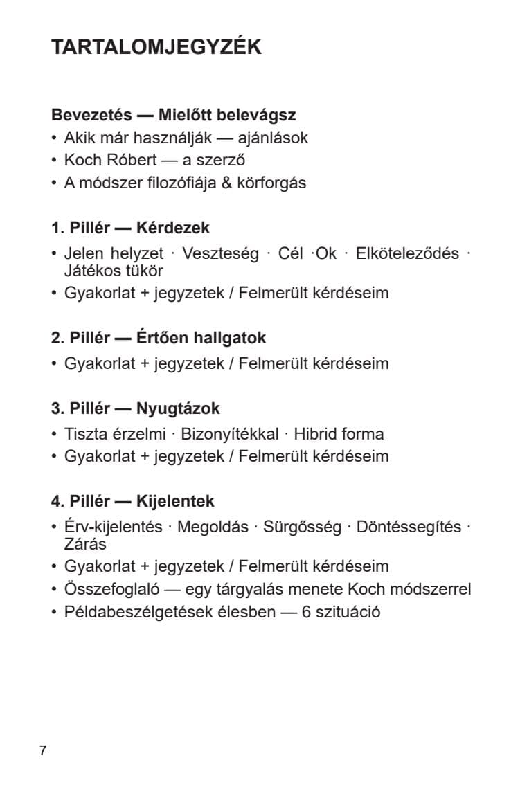 Tartalomjegyzék, mintaoldal a Játszd a sales-t! című könyvből