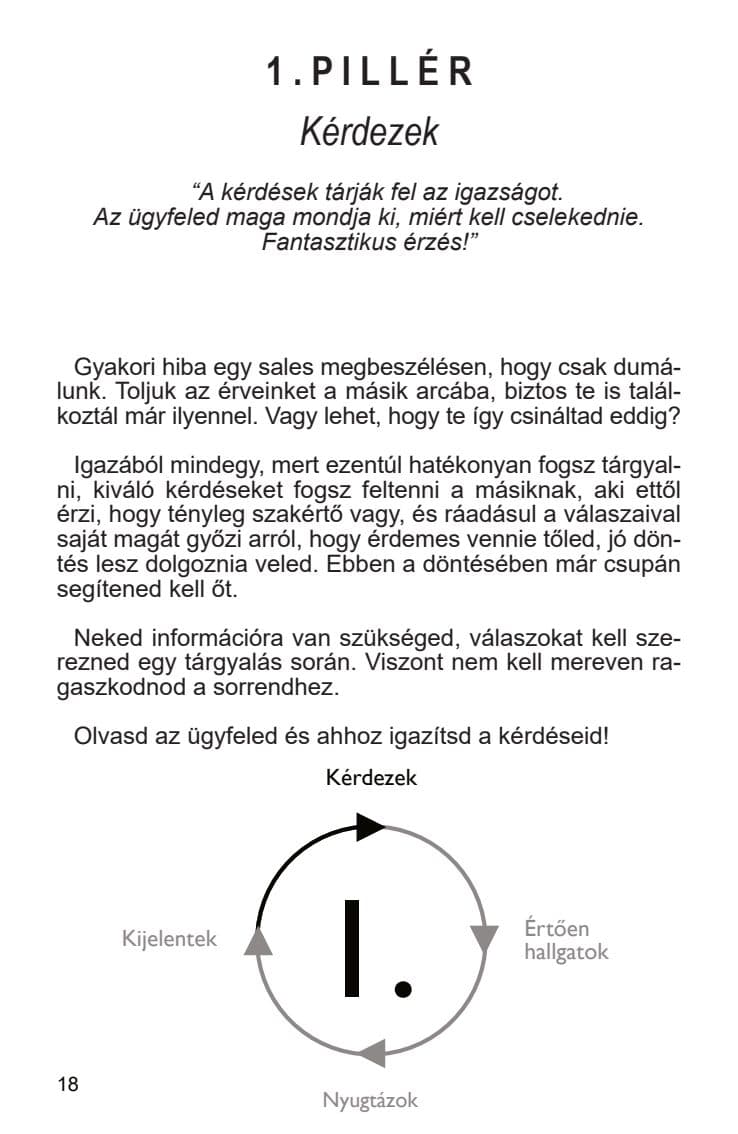 1. pillér: Kérdezek, mintaoldal a Játszd a sales-t! című könyvből