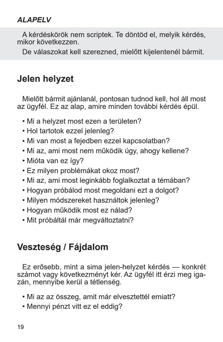 Kérdéskörök, mintaoldal a Játszd a sales-t! című könyvből