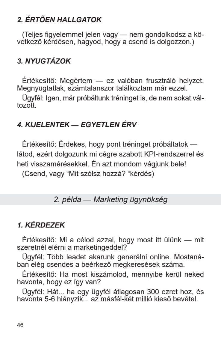 Példabeszélgetés élesben, mintaoldal a Játszd a sales-t! című könyvből